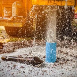 The water flowing artesian well from the land when the ground water hole drilling machine installed for the water supply.